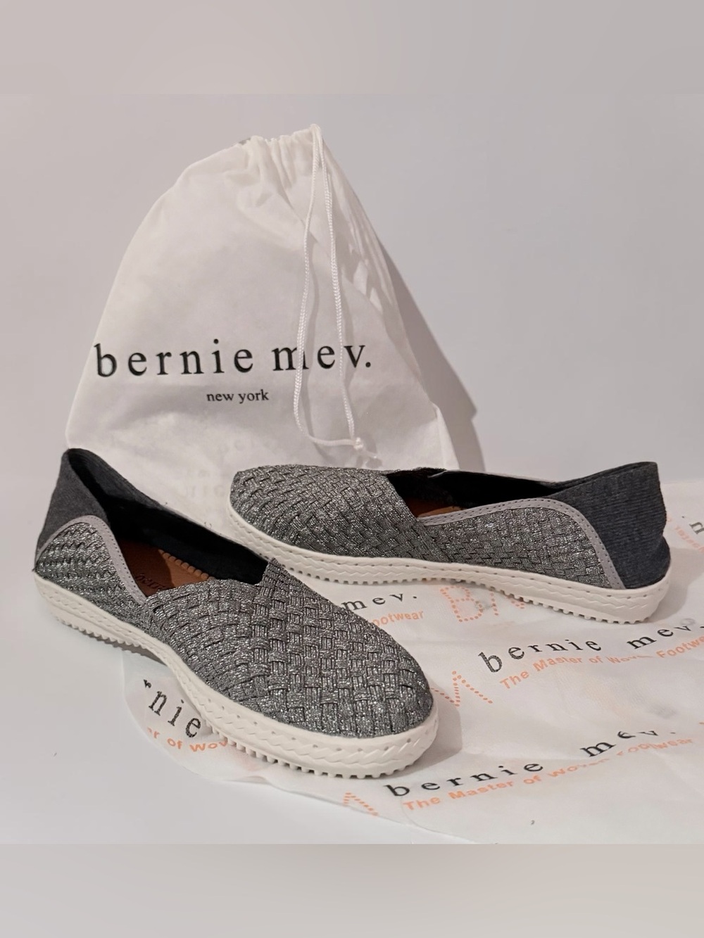 Bernie Mev Beth Pewter Silver shimmer Woven Slip-On stretch back Comfort Flats